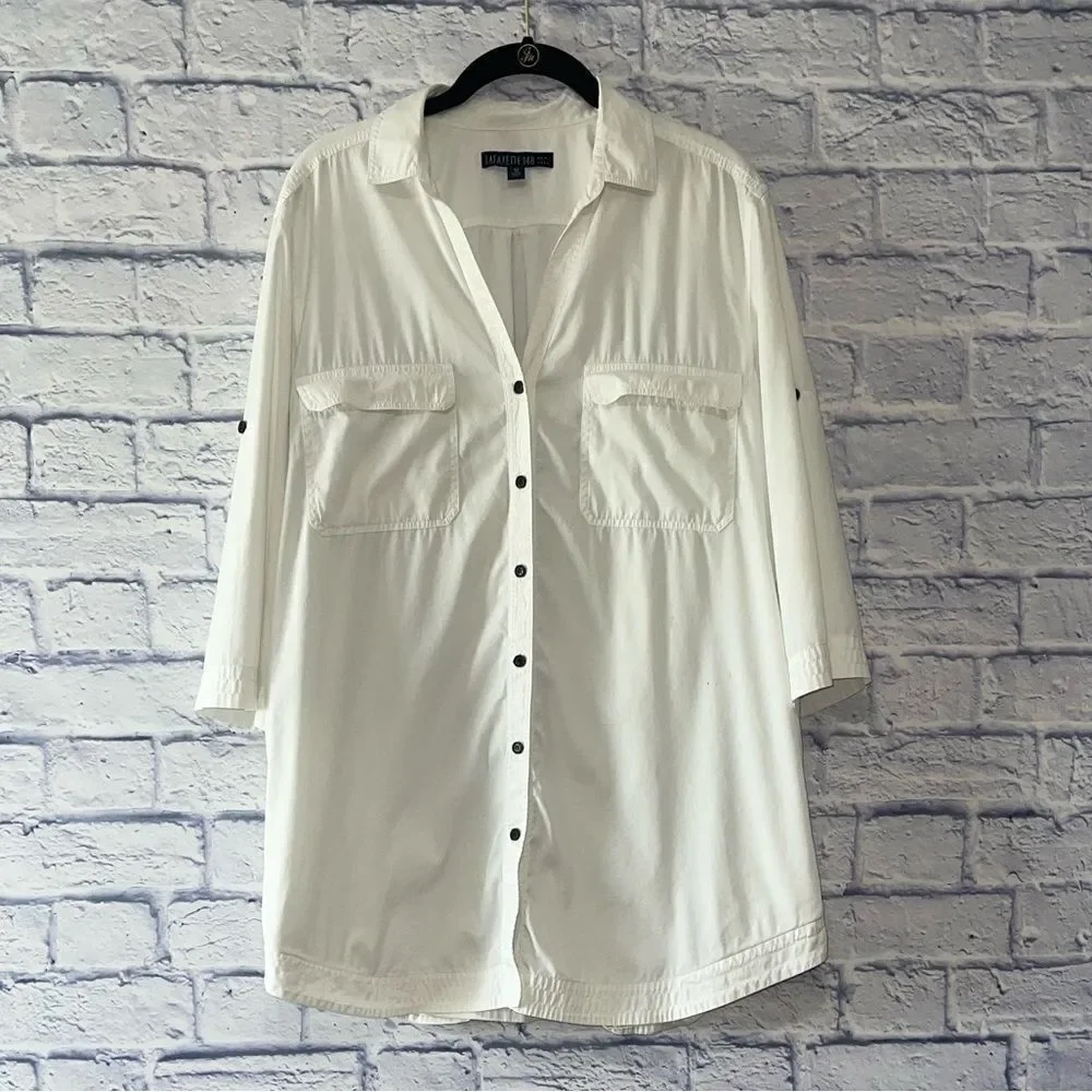 Lafayette 148 white button down shirt pockets 3/4 sleeve roll tab - Picture 3 of 13